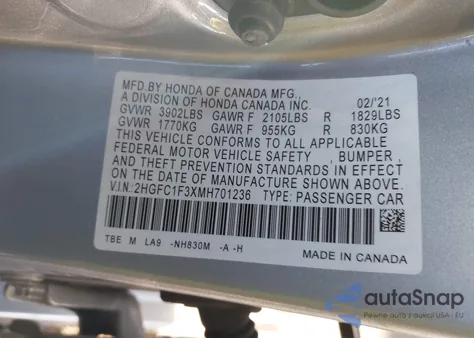 2021 Honda Civic Ex from USA, damaged, VIN 2HGFC1F3XMH701236